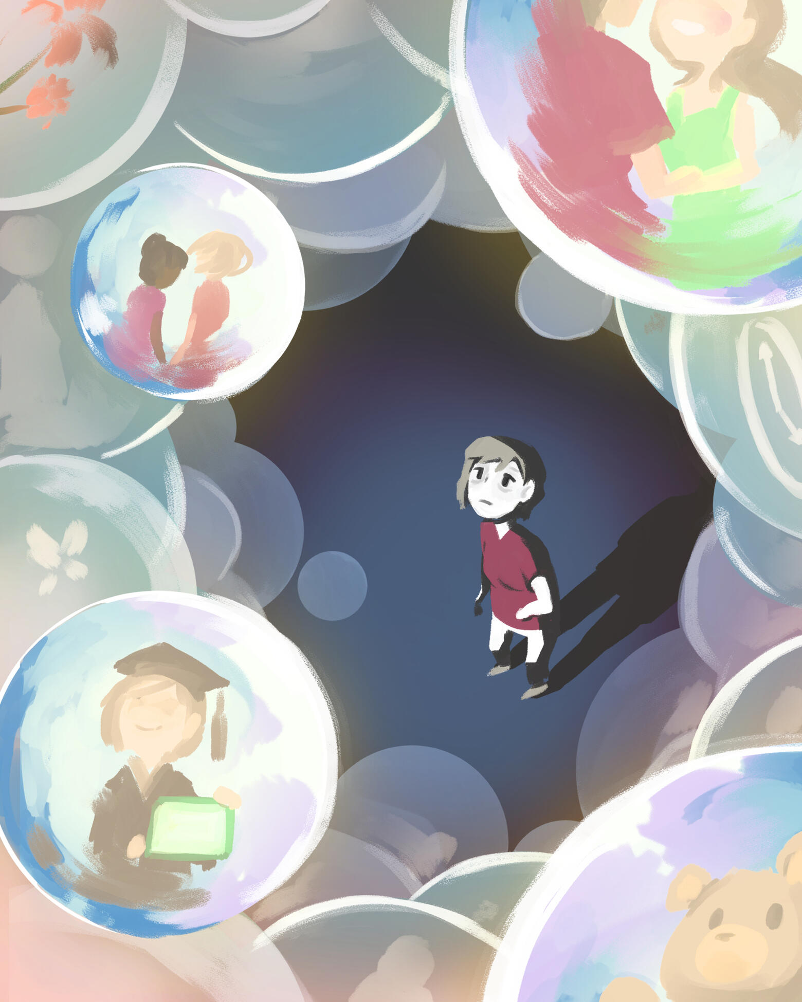 An illustration for an article about the mid-life crisis, depicting a middle-aged woman looking up a field of bubbles that contain memories of a her significant achievements
